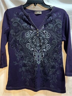 Blue Canyon Women's Purple top with Ornate Front Print.  Bedazzled